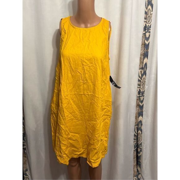 NEW WITH TAGS NEW YORK & COMPANY linen blend golden swing dress with pockets YEL - Picture 1 of 7